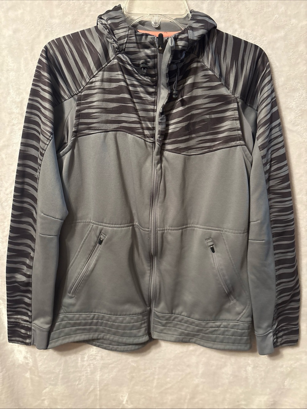 Nike Men’s Gray Hooded Performance Jacket with Dark Zebra Accents